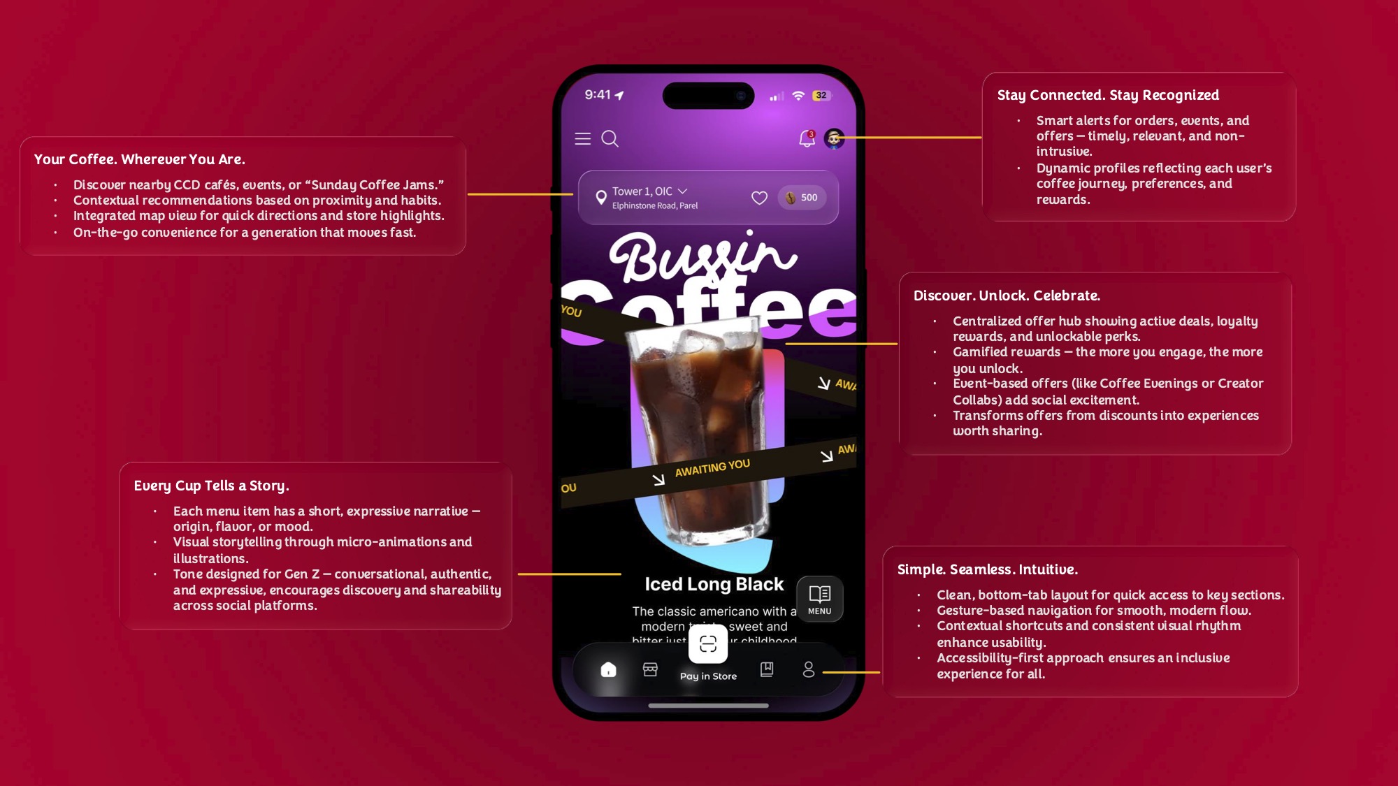 CCD app concept with discovery, offers, menu storytelling and navigation annotations