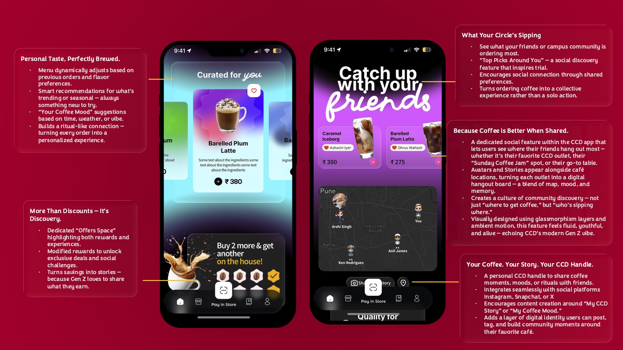 CCD app concepts for curated drinks and a social café map, with the supplied annotations