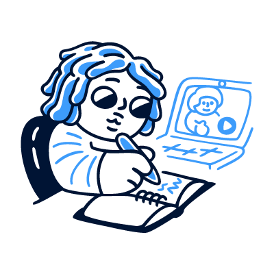 A learner writing notes while learning with a teacher online