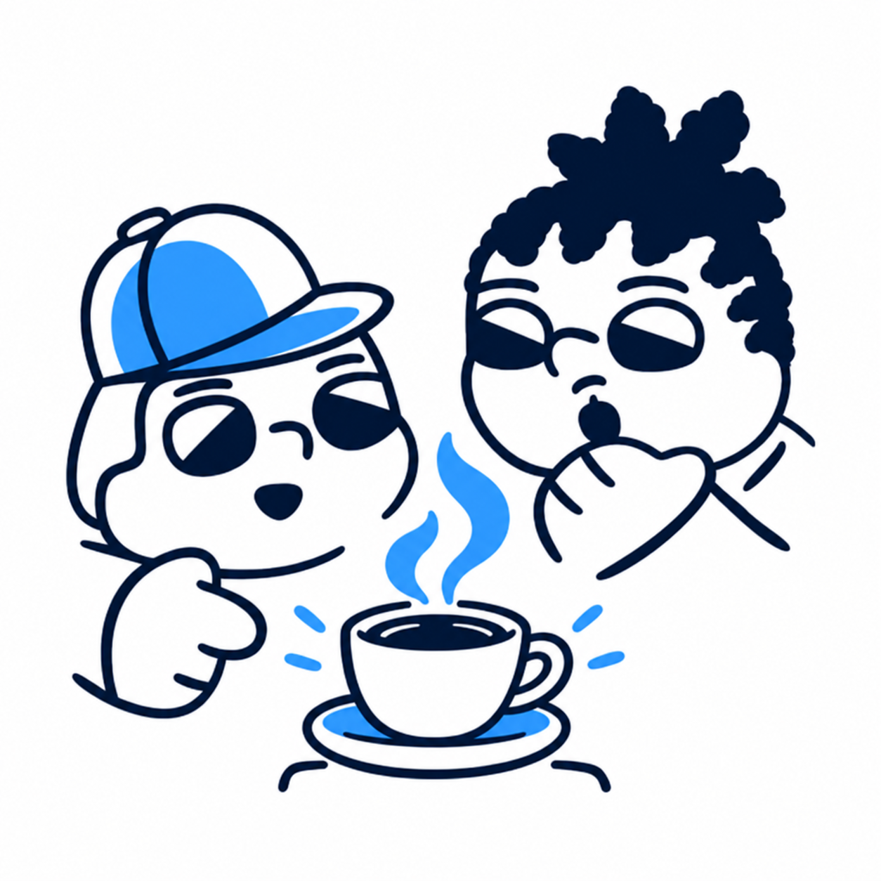 Two friends sharing a moment of delight over a steaming coffee cup