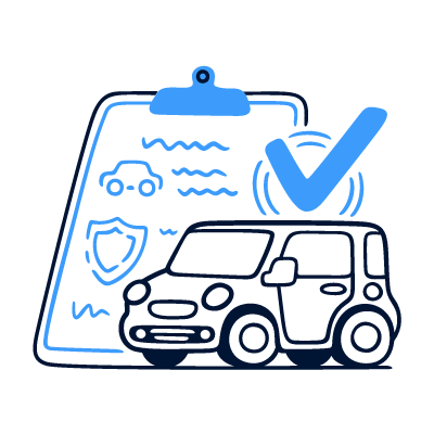 A car beside a checklist and a reassuring confirmation mark