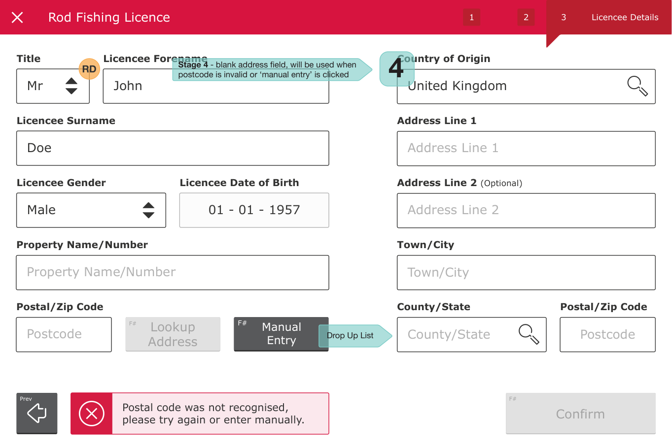Manual-address entry wireframe following an unrecognised postcode