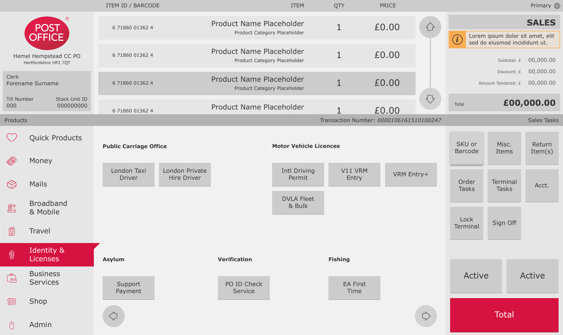 Post Office counter interface with service categories, transaction basket and terminal actions