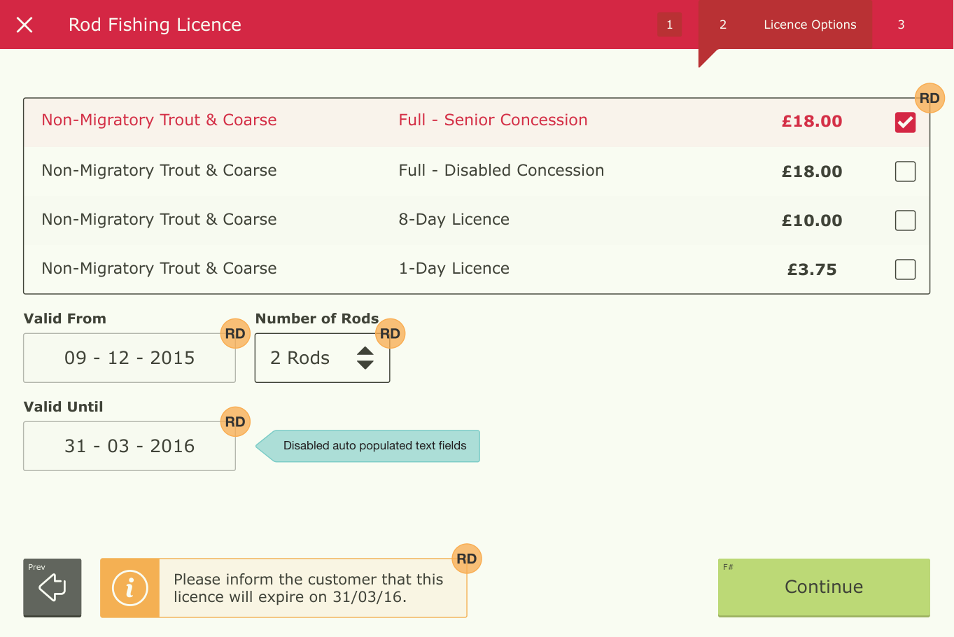 Licence options with duration, validity dates, concession choices and contextual guidance
