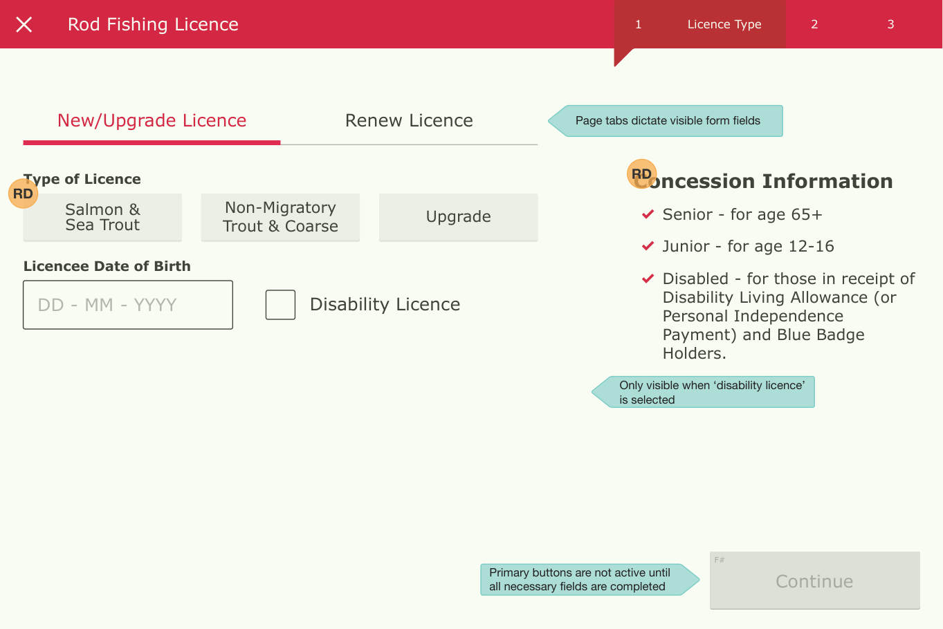 Licence-type wireframe with tabs for new or renewed licences and conditional concession fields