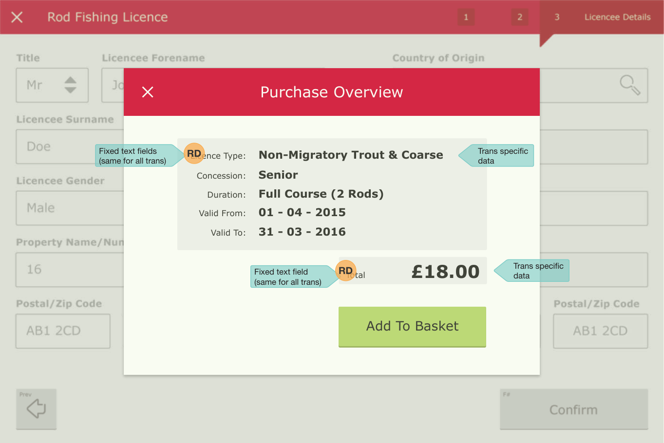 Purchase overview listing licence details and total before adding to basket