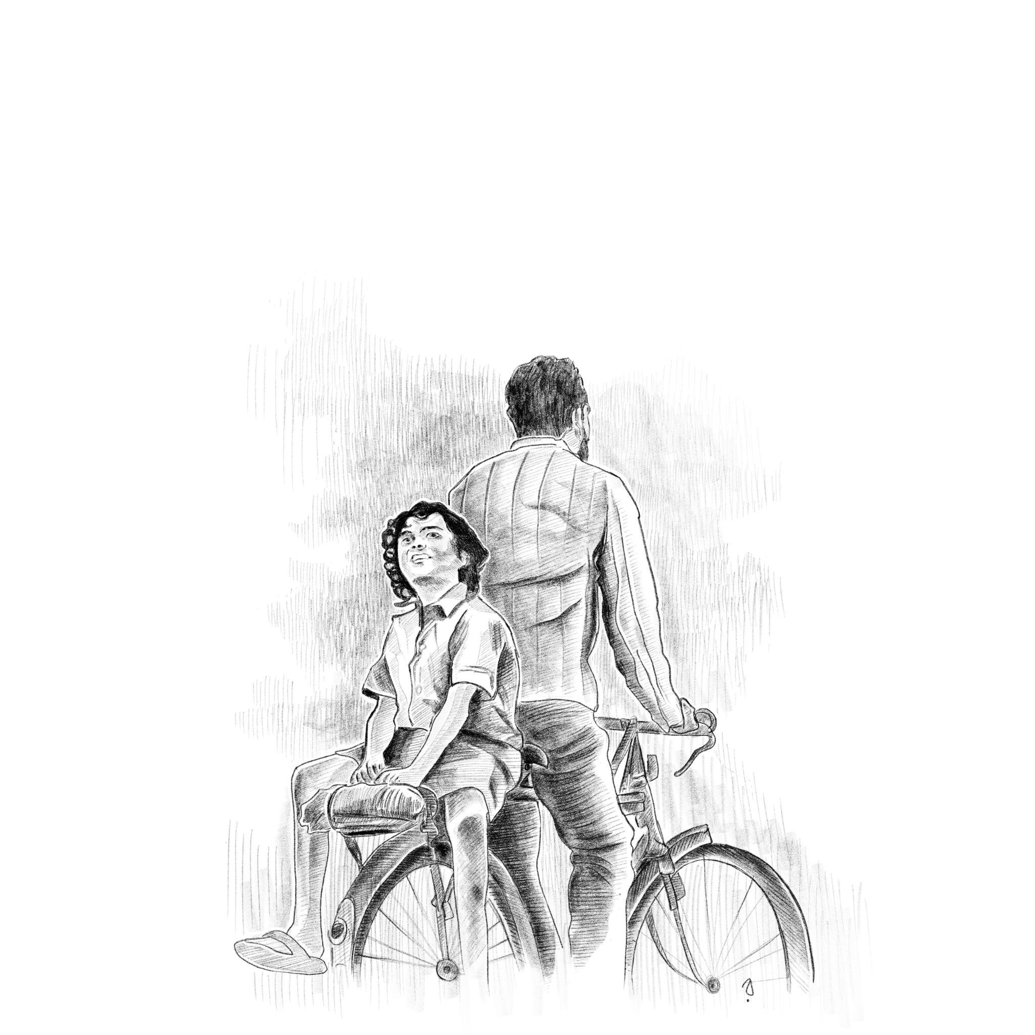 Rajib’s pencil drawing of himself as a child with his father on a bicycle ride