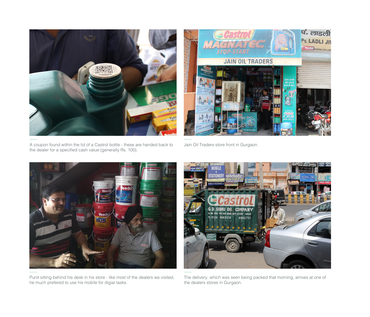 Field-research photographs showing a physical coupon, a dealer’s store and a delivery vehicle
