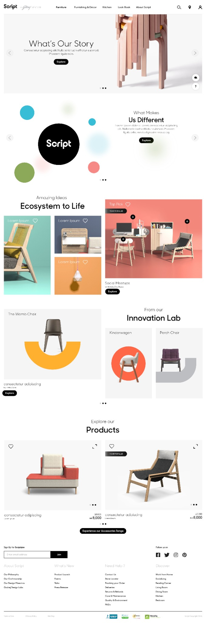 Script desktop homepage: brand story, lifestyle collections, innovation and products